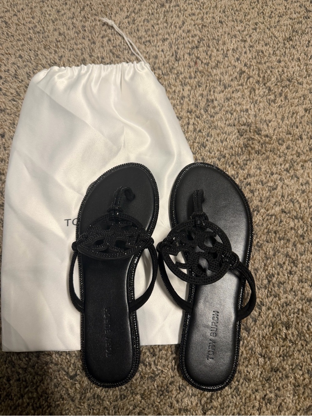 Tory Burch Black Miller Crochet Logo Slide Sandals